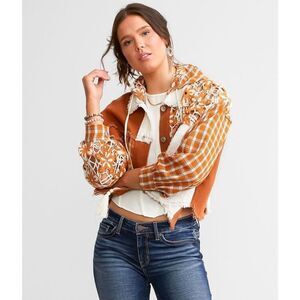 Miss Me Floral Pieced Denim Jacket size S Boho Multi Orange Hooded Crochet Cropp